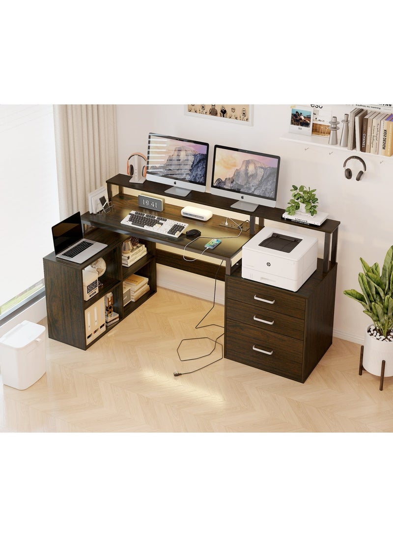 مكتب كمبيوتر على شكل حرف L مع محطة شحن وحامل شاشة وأدراج ورف كتب وسطح مكتب كبير ومكتب منزلي مع خزانة طابعة ومحطة عمل زاوية للمكتب المنزلي والدراسة والألعاب، خشب الجوز، YN125 - Image 3